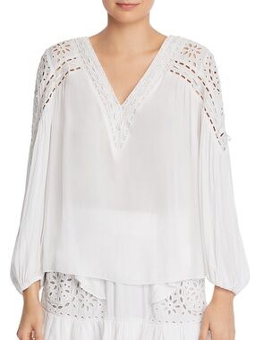 Ramy Brook Komi Eyelet Elegant Long Sleeve V Neck White Top Size Small
